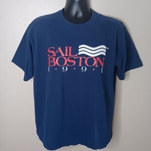 Vintage 90s Sail Boston Adult XL T-shirt Single Stitch Navy Blue Tee 1991 Onieta